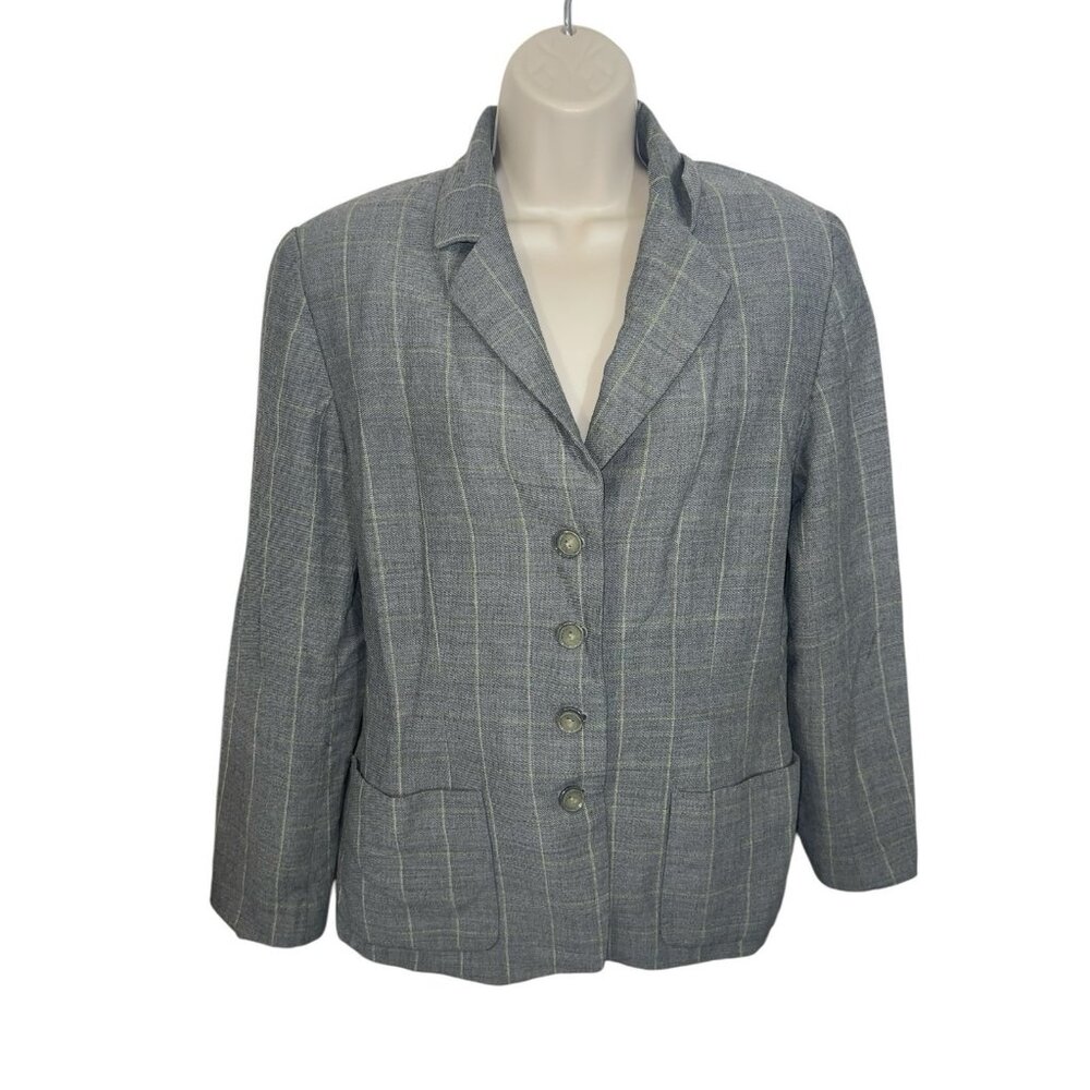 LINDA ALLARD ELLEN TRACY Womens Size 12 Grey Plaid Blazer Neon Detail Wool Blend